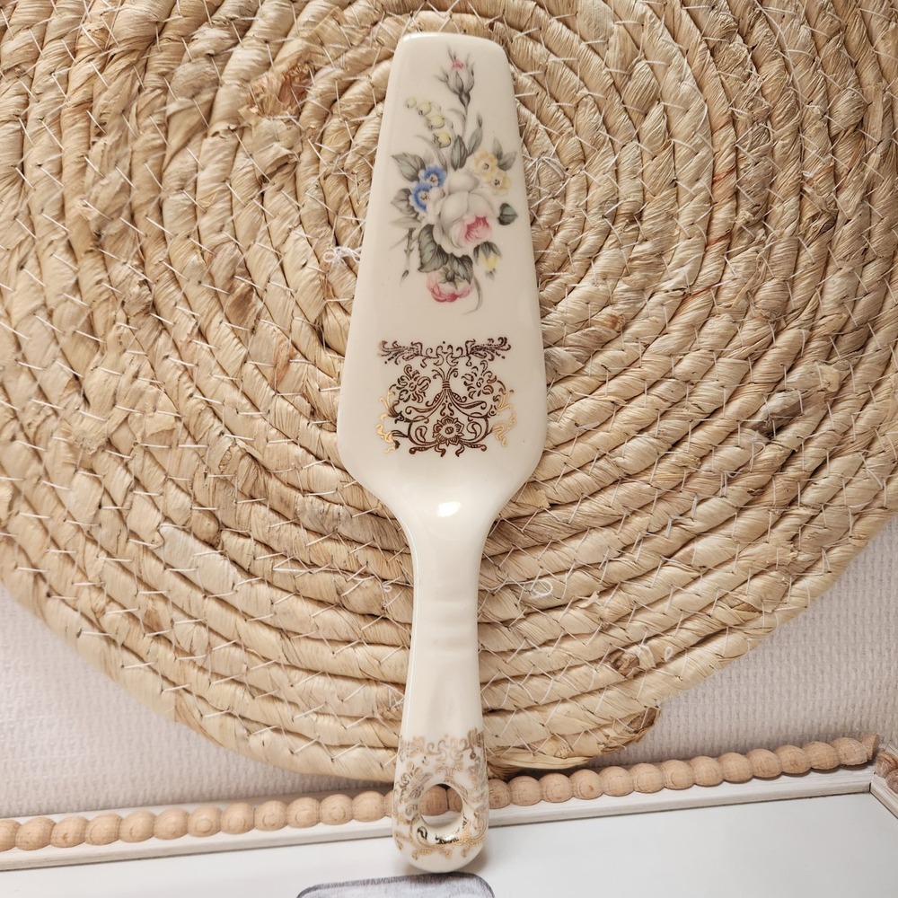 Vintage‎ Floral Ceramic Cake Pie Server Gold Filigree Porcelain Cream Pink Blue